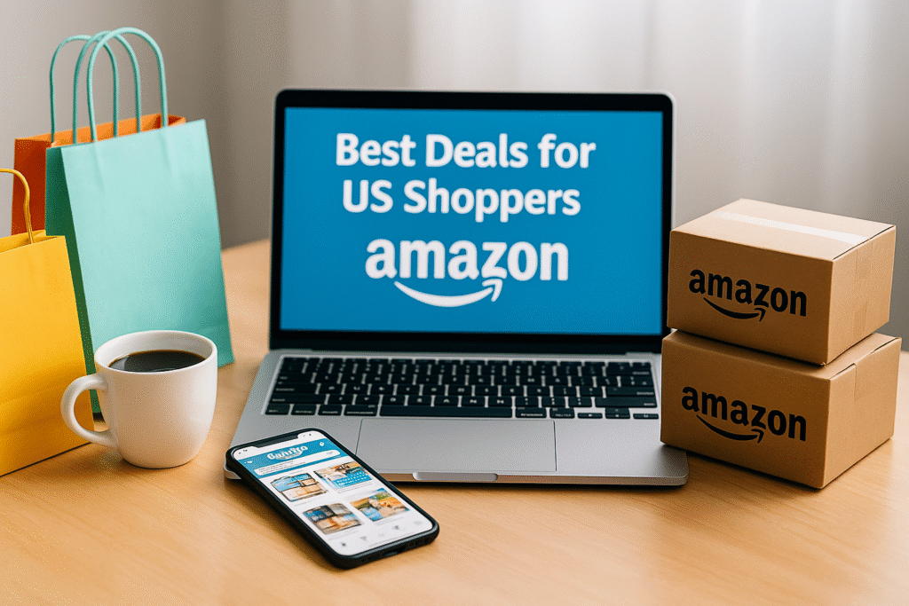 A high-resolution, realistic photo of a laptop, smartphone, and Amazon delivery boxes on a bright desk with shopping bags and a cup of coffee nearby. The background should feel modern and inviting, suggesting online shopping and Amazon deals in the USA. No visible faces or logos, just a casual workspace vibe.