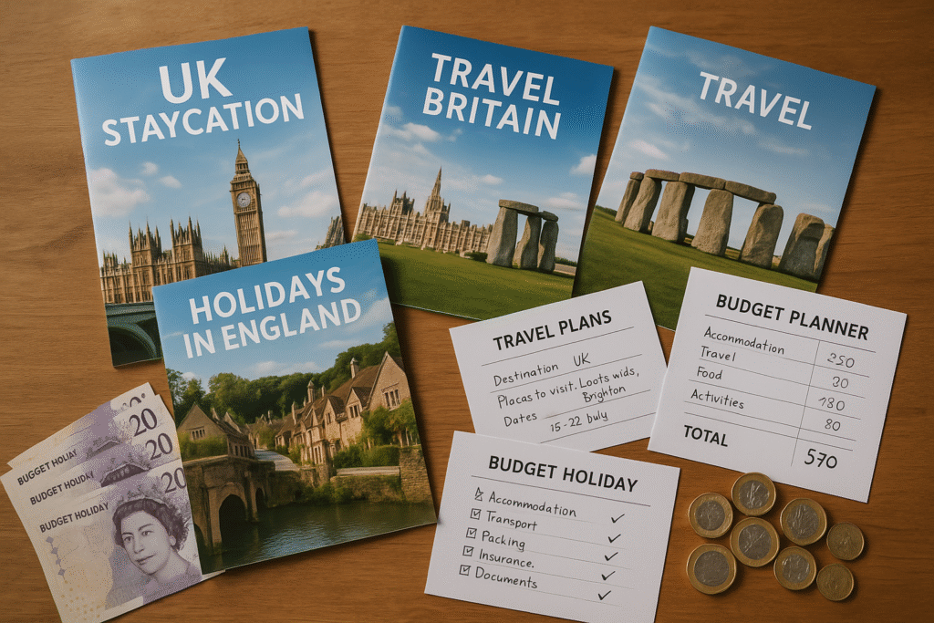 UK travel planning setup featuring brochures, budget notes, itinerary, and currency for a July holiday.