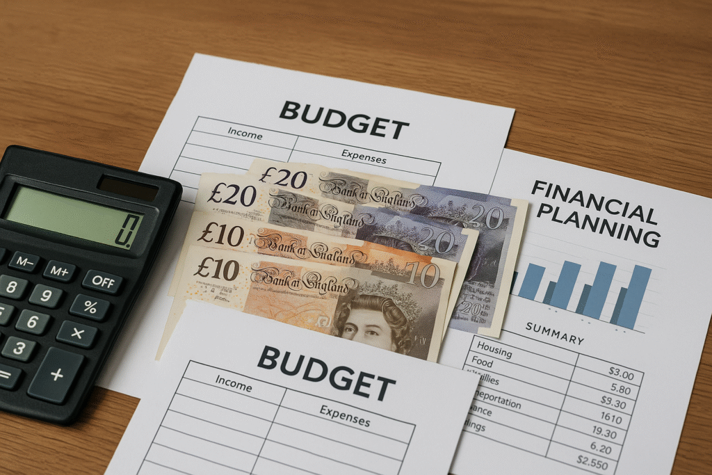 Personal finance planning scene with UK banknotes, calculator, and budget sheets showing income, expenses, and savings strategy.