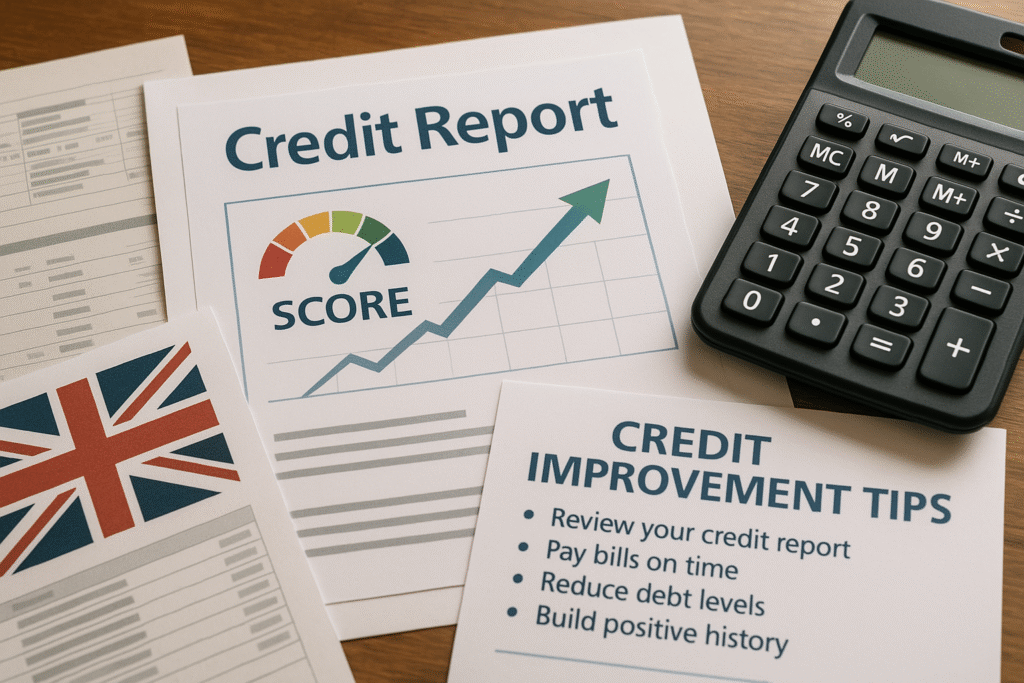 Credit improvement-themed desk layout with score report, UK flag sheet, calculator, and actionable tips on boosting credit.