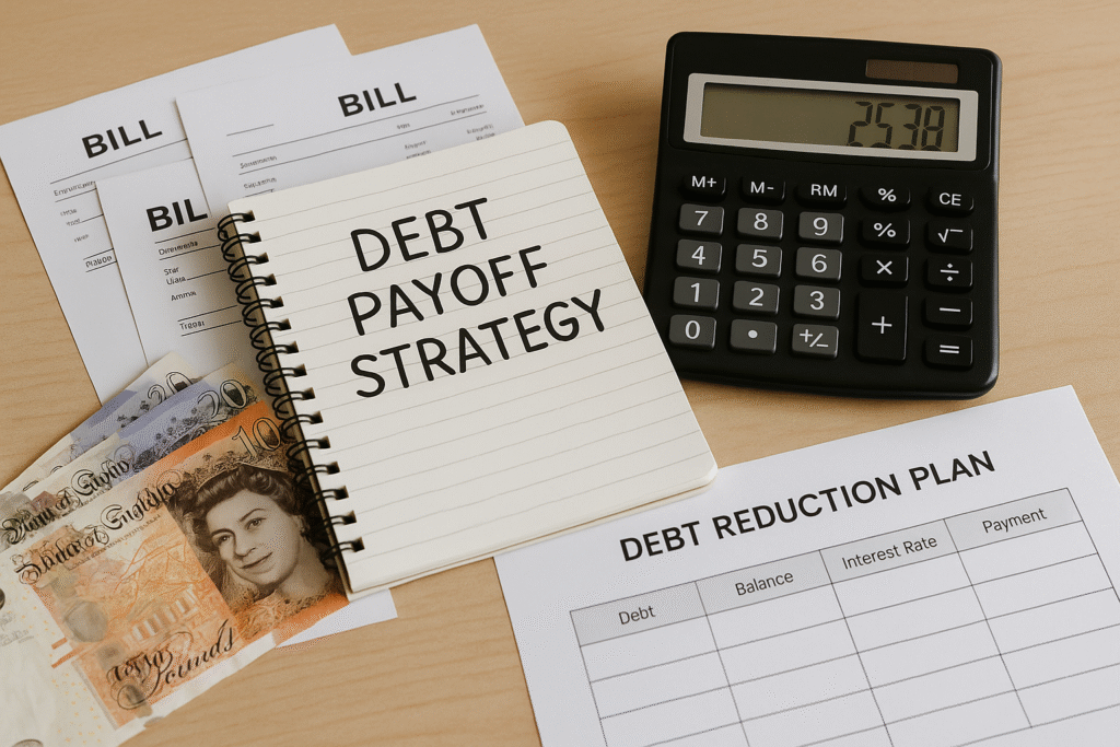 Debt management setup showing payoff strategy notebook, calculator, bills, and reduction plan for tracking balance and payments.