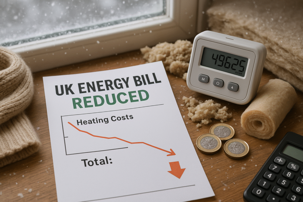 Energy-saving scene with reduced UK heating bill, insulation material, meter reading, calculator, and coins by snowy window.