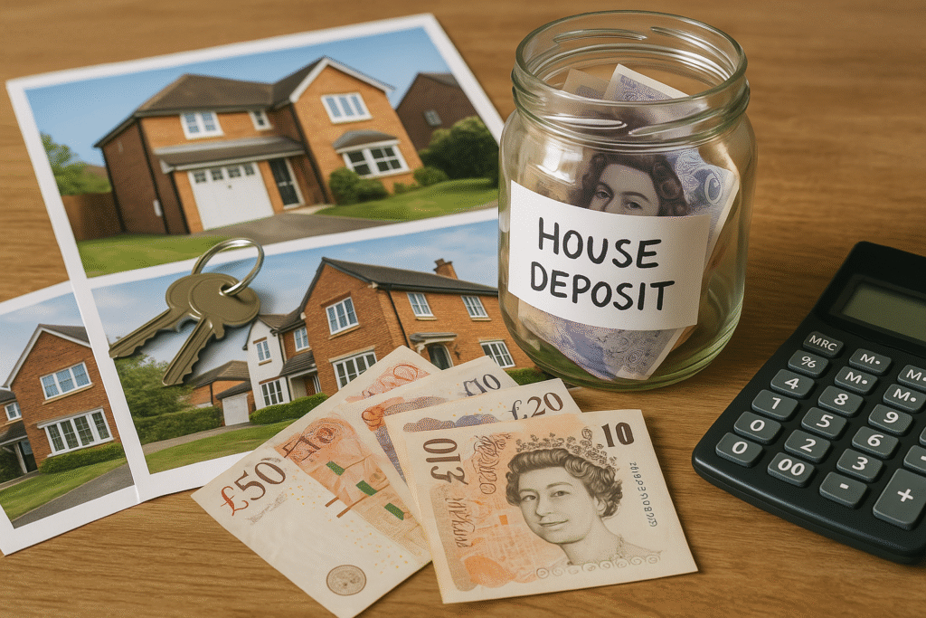 Home buying planning layout with house photos, deposit jar, UK banknotes, keys, and calculator for financial goal tracking.