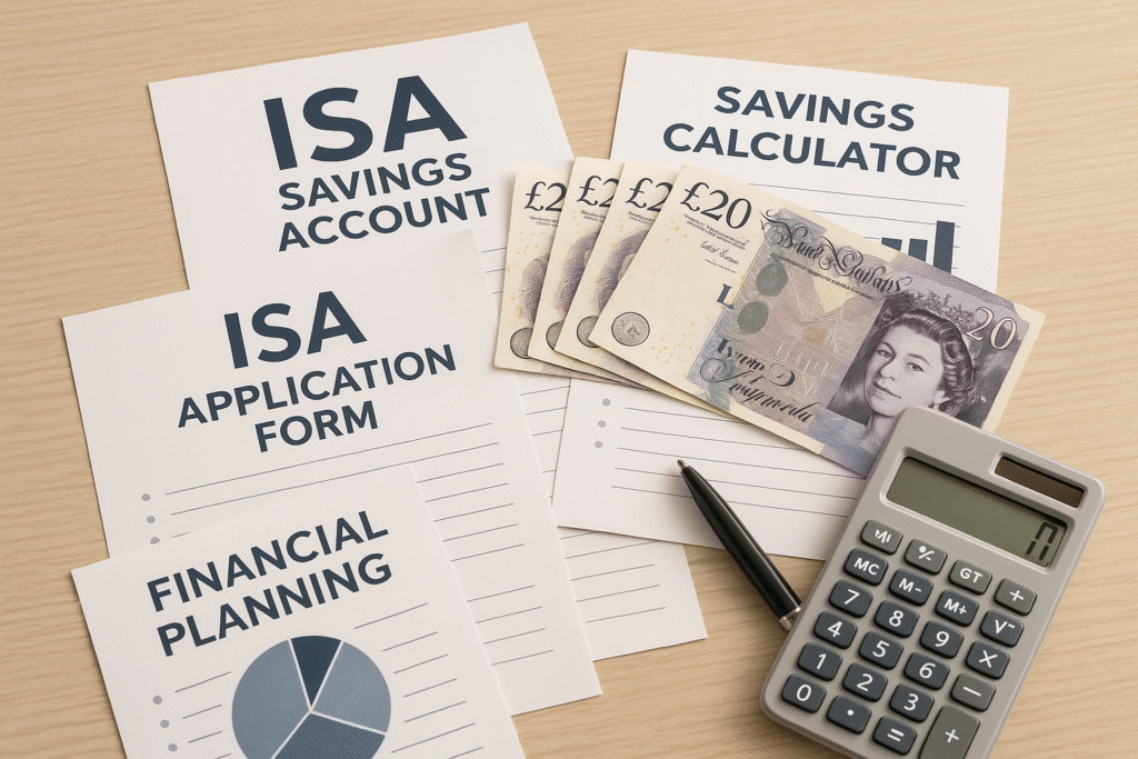 ISA savings planning setup with account forms, financial tools, calculator, pen, and UK currency on a desk.