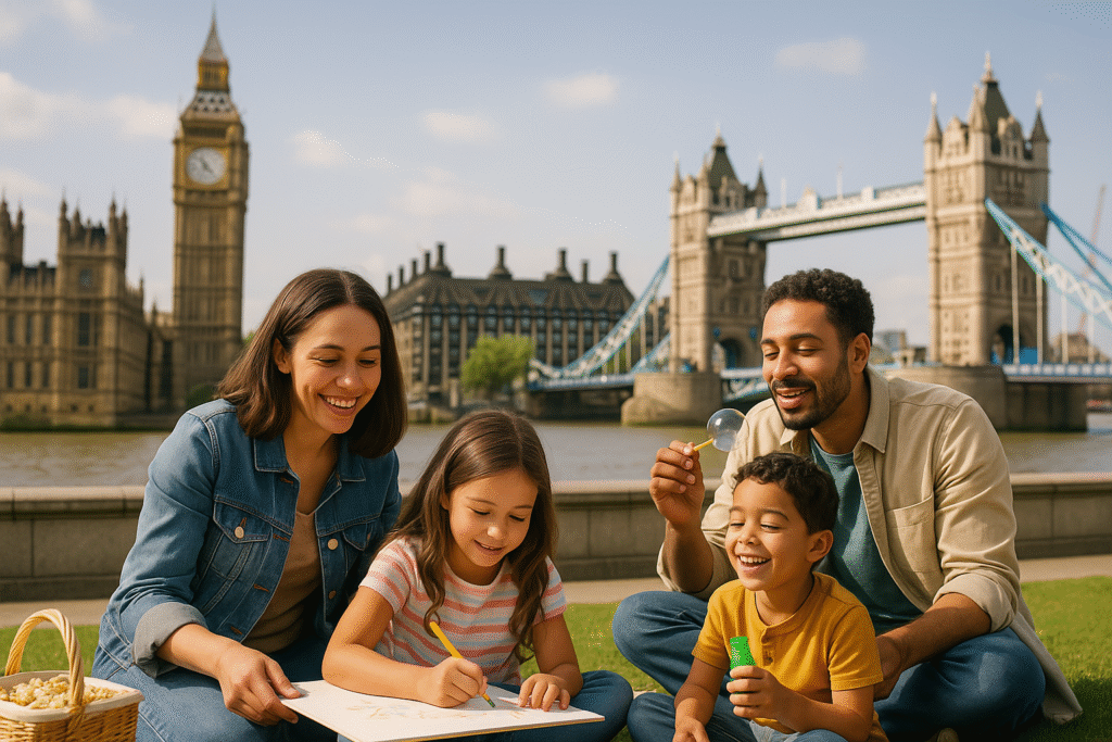 Family picnic by the River Thames with Big Ben and Tower Bridge in view; kids enjoying bubbles and drawing in the sun.