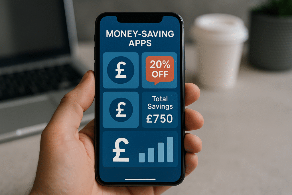 Mobile screen showing money-saving app interface with £750 saved, discount badge, and pound symbol for financial tracking.