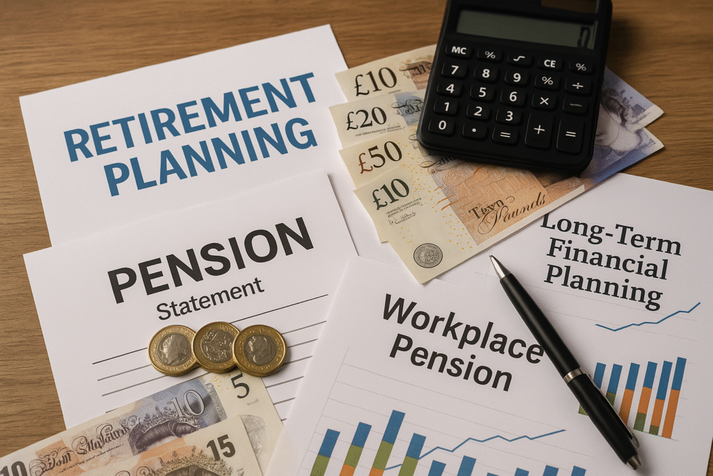 Retirement planning layout with UK pension statements, financial documents, calculator, pen, and currency for future budgeting.