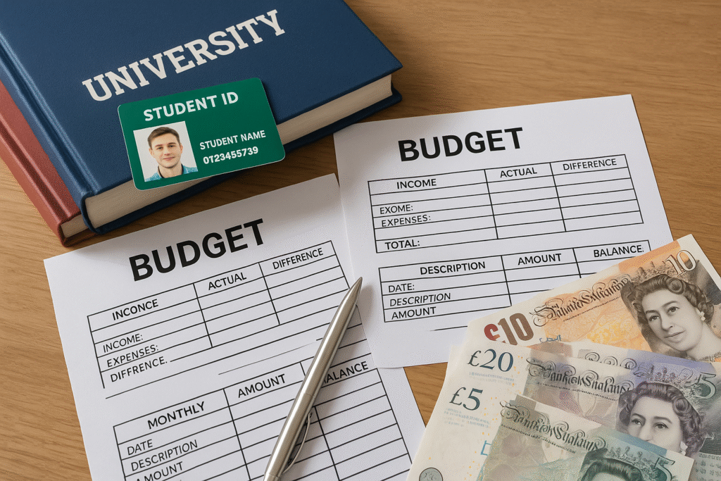 Student finance setup with university booklet, ID card, budget sheets, pen, and UK currency for expense tracking.
