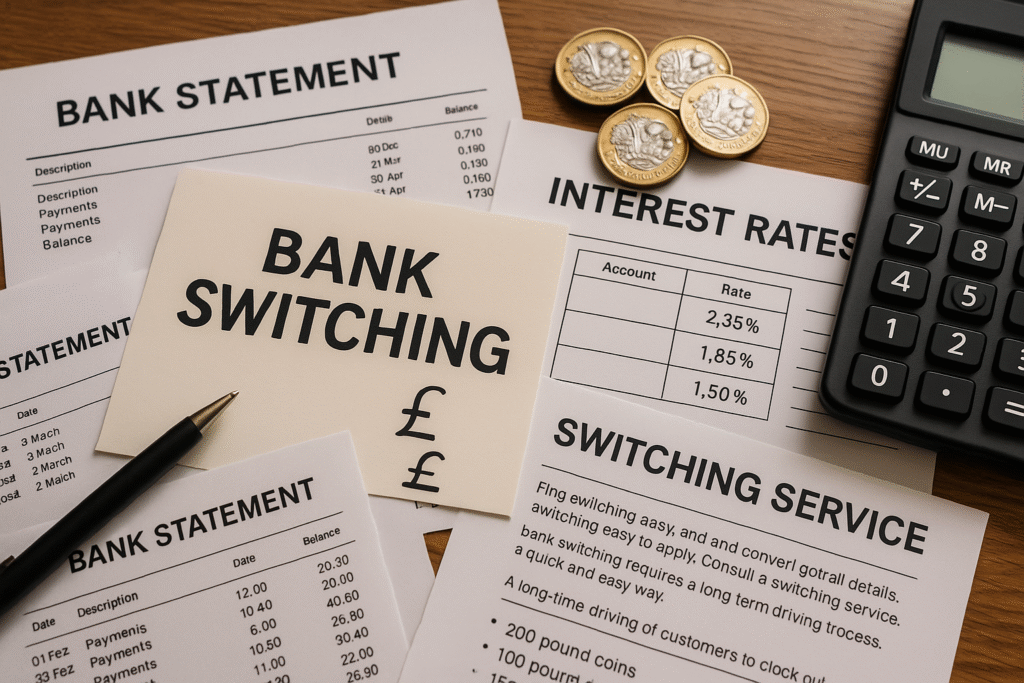 Banking-themed layout showing statements, interest rates, coins, and switching info—highlighting comparison and account transfer planning.