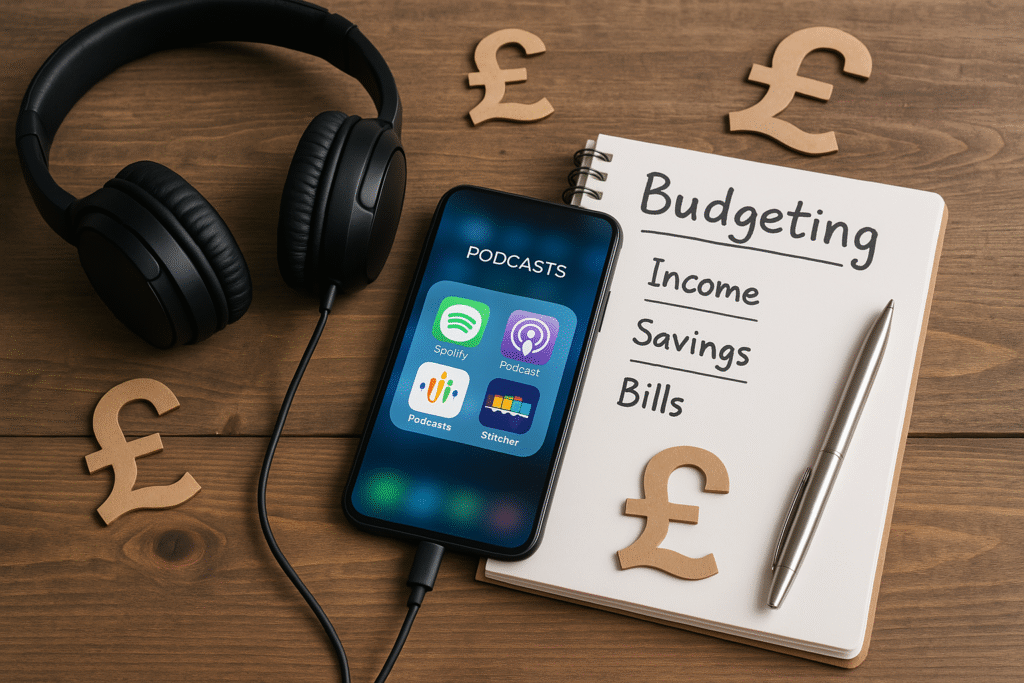 Podcast-themed budgeting layout featuring headphones, finance notes, savings categories, and a smartphone with podcast apps.