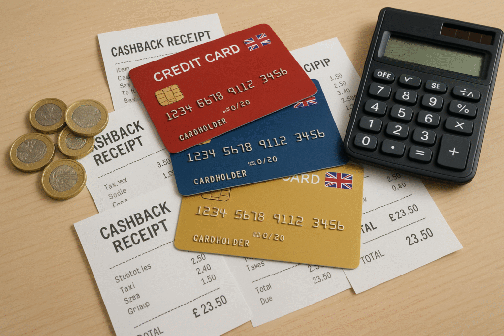 Cashback budgeting setup with three credit cards, receipts, calculator, and coins highlighting expense tracking and small savings.