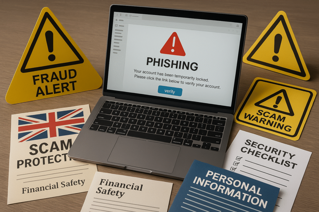 Cybersecurity warning setup showing phishing alert on a laptop, with surrounding documents on scam protection and fraud awareness.