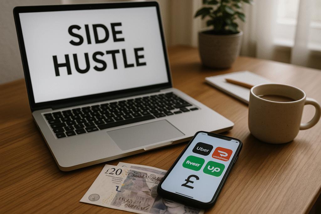 Side hustle-themed workspace with laptop, gig apps (Uber, Fiverr, etc.), UK currency, coffee, and notebook for planning freelance income.