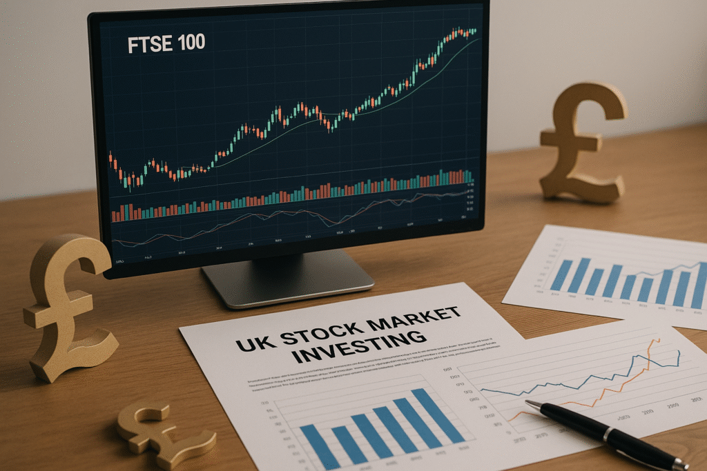 FTSE 100 investing setup with financial graphs, pound signs, and documents analysing UK stock market performance.