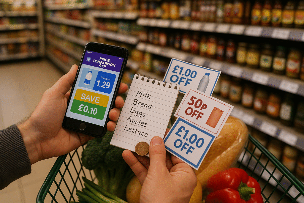 Smart shopping scene with price comparison app, coupons, and a grocery list highlighting budget-conscious consumer habits.