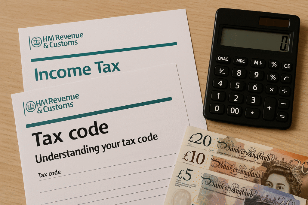 Tax planning setup with HMRC income tax forms, calculator, and UK banknotes on a wooden surface.
